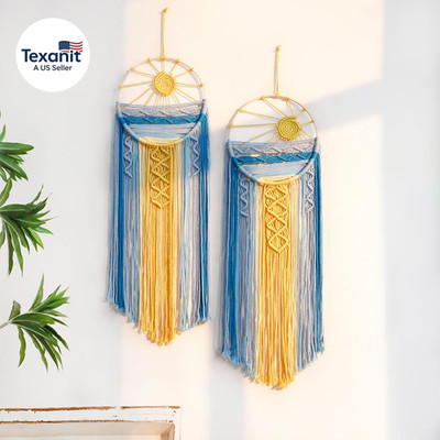 2 Pack Blue Sun Wall Decor Macrame Hanging Tapestry Sunshine Sunset Wall Art Set