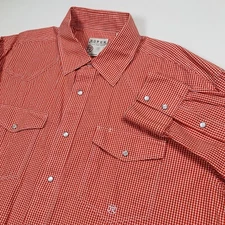 Roper Western Pearl Snap Shirt Men Large Tall Orange Gingham Check Rodeo Cowboy