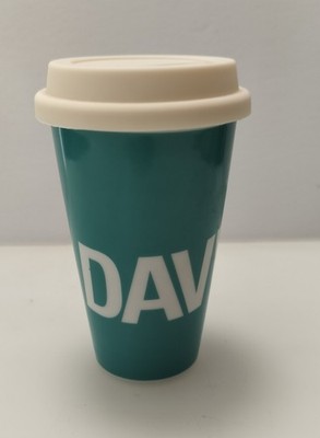 David's Tea Travel Mug Cilicone Lid Coffee Cup Teal Blue White Ceramic Logo Icon