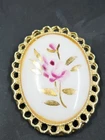 VTG Goldtone Handpainted Floral Milk Glass Oval Brooch Pendant, 2"