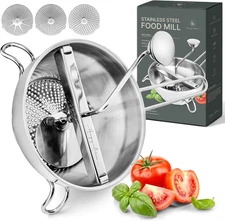 Ergonomic Food Mill Stainless Steel with 3 Grinding Discs - Rotary Food Mill for