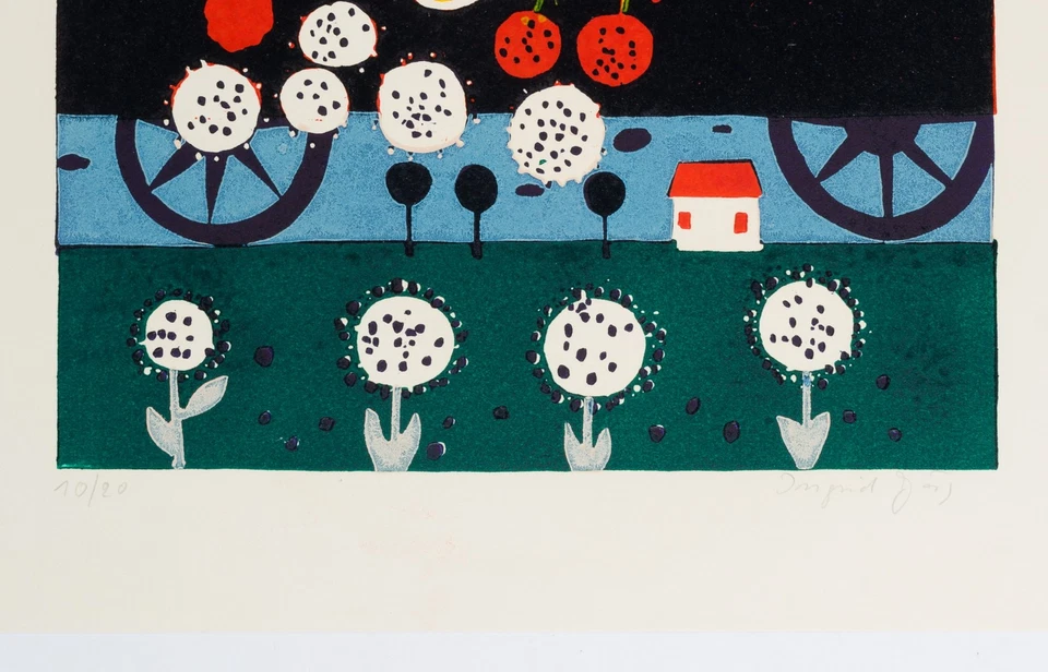 I. JÖRG (*1935), Blumenmädchen im Wagon, Farblinolschnitt Naiv Reisen 1970-1989 - Bild 4 von 4