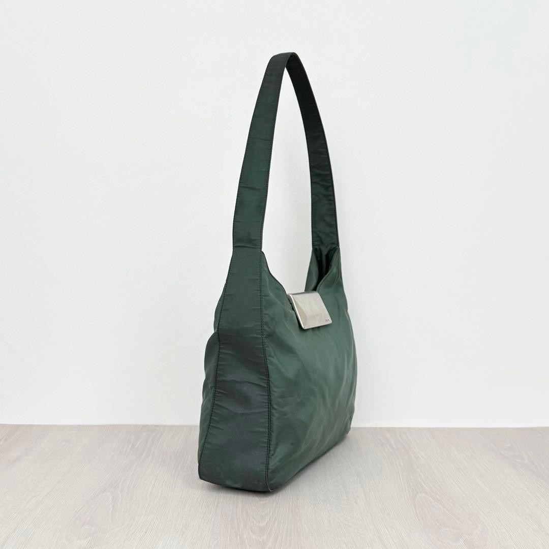 Prada Archive 1990s Metallic Green Nylon Shoulder Bag Authentic