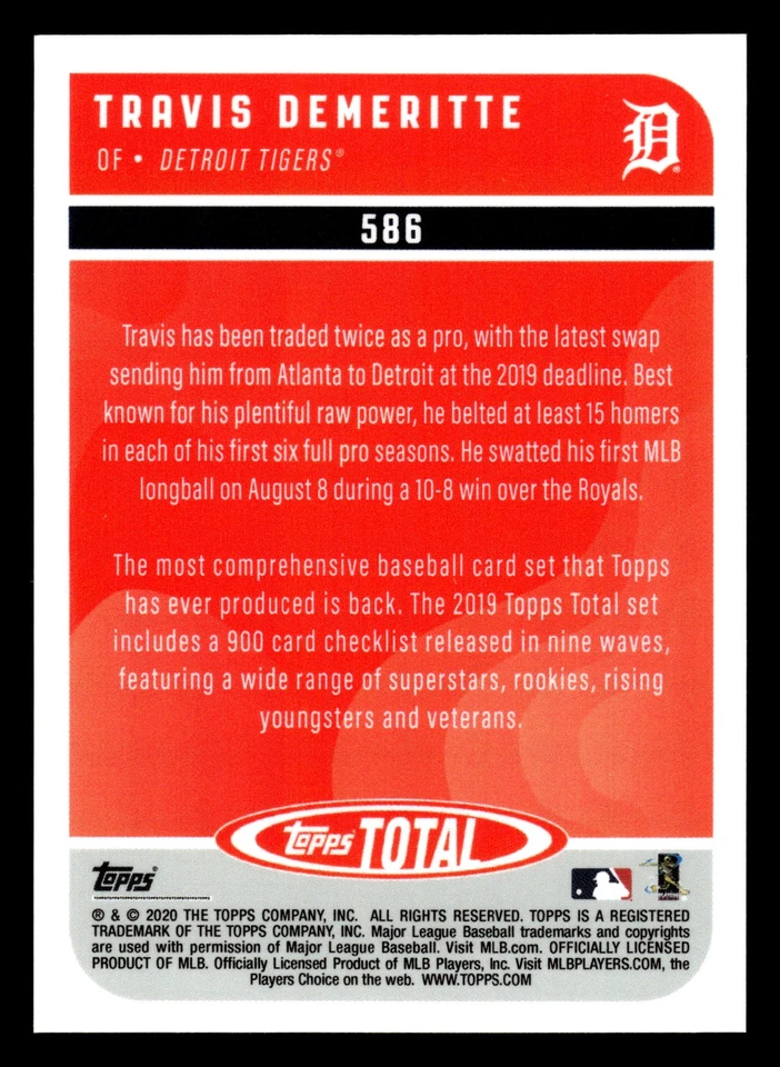 2020 Topps Total Red Parallel /10 #586 Travis Demeritte Detroit Tigers - Image 2 of 2