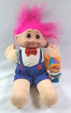 Lot Of 2 Vtg Russ Troll Kidz Doll 12" Dark Pink Hair Plush Body Overalls Clown