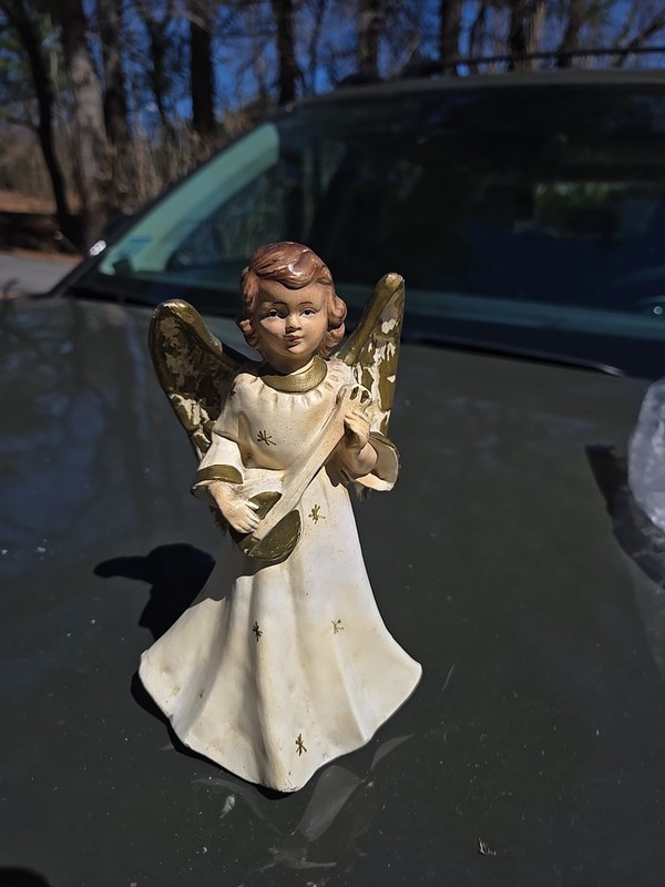 Vintage MCM Handmade Clay Mold Angel Girl with Wings & Lute Figurine Japan