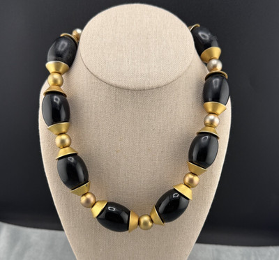 Givenchy Necklace Acrylic Chunky Beaded Black Gold Tone 16'' Signed