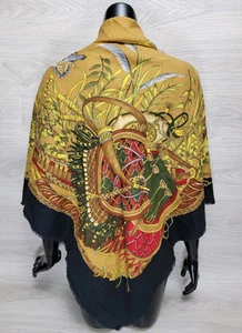 Authentique grande écharpe vintage GUCCI laine soie multicolore canards cape de chasse 54 pouces