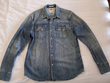 Levis Mens Shirt Medium Blue Denim Slim Western Pearl Snap Sawtooth Pockets