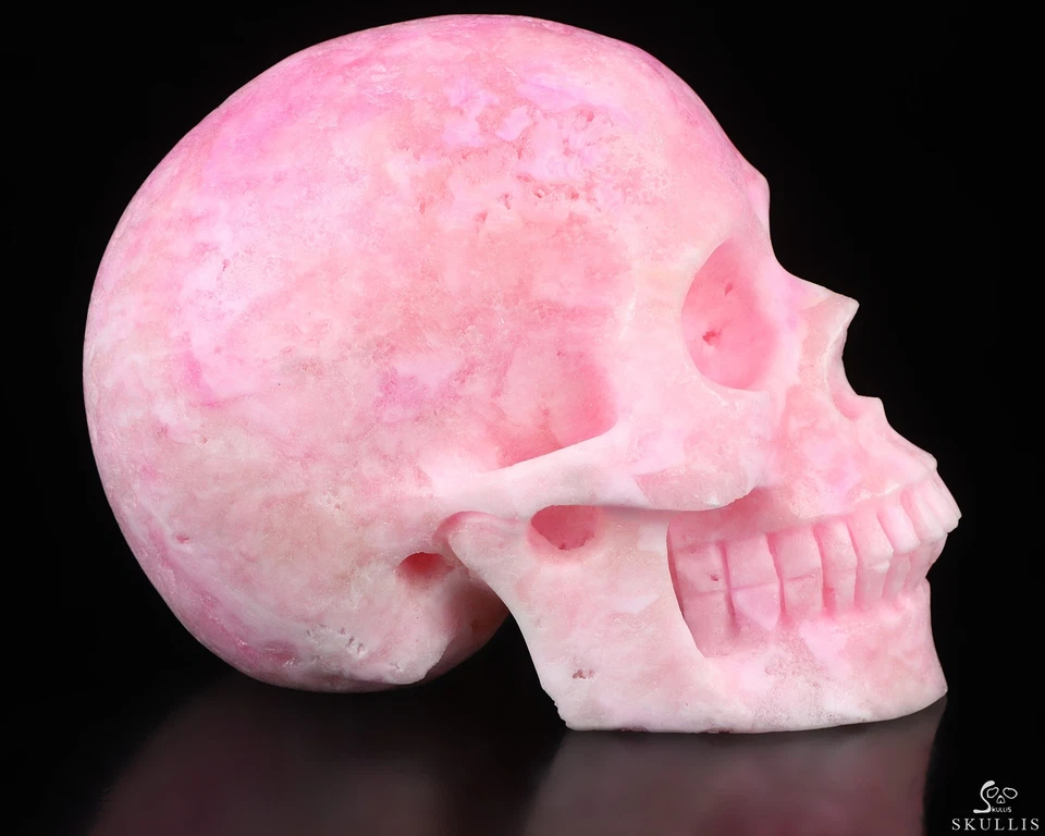 Calavera de cristal tallada a mano de aragonita rosa de 5,1", realista, cristal curativo Foto 4 de 4