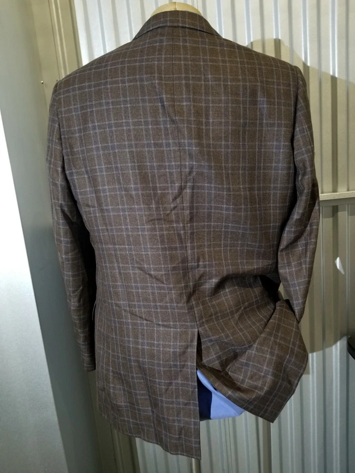 42L blue & brown Check Plaid SILK WOOL textured Sport Coat Blazer Jacket - Image 3 of 4
