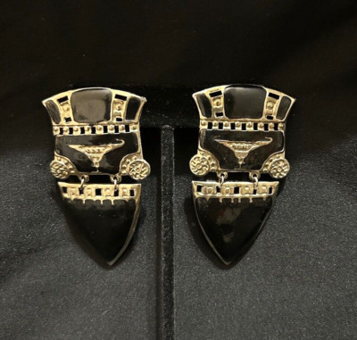 Carriage Enamel Statement Earrings 2.5 Women s Black Silver Triangles Squares