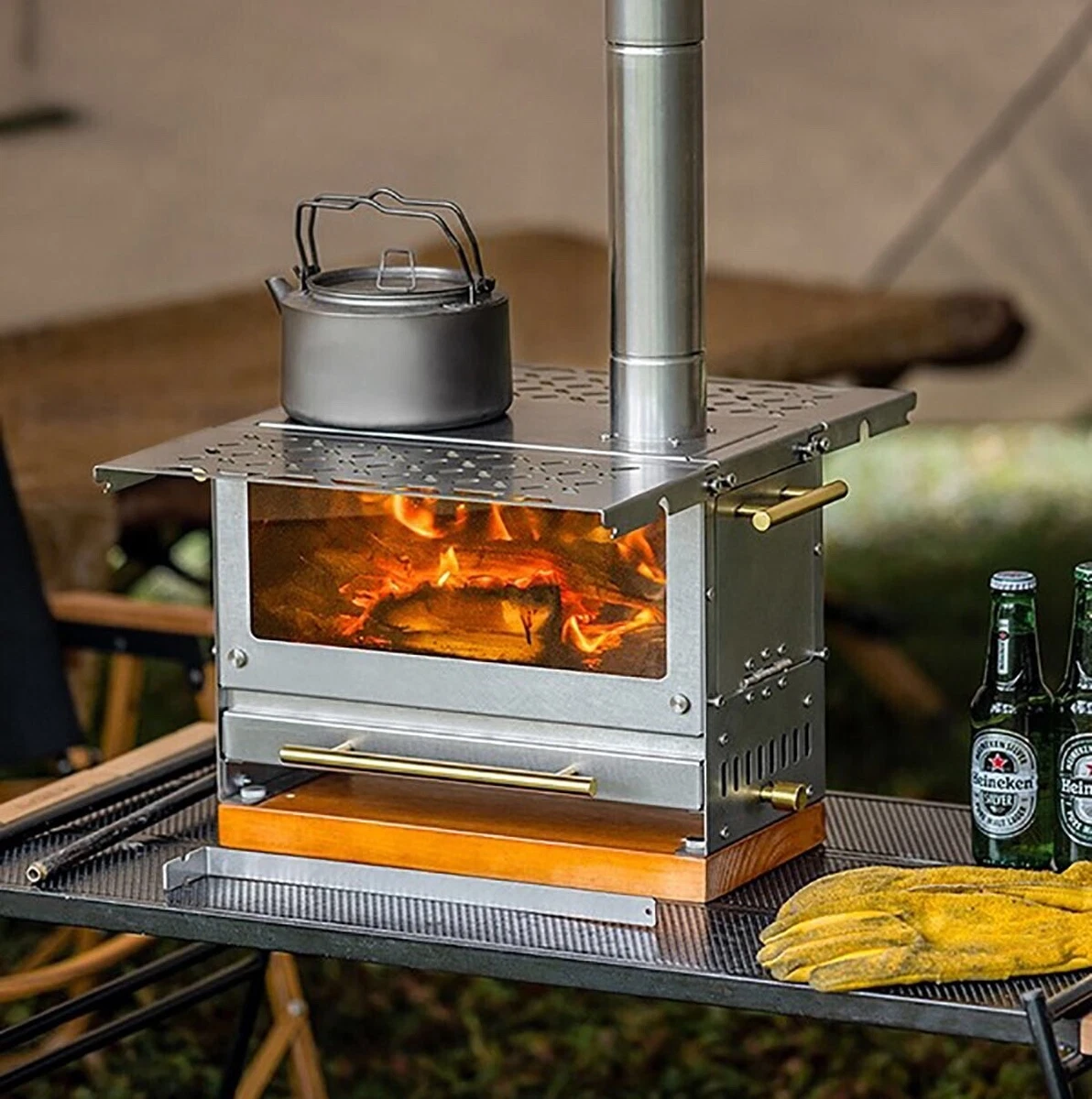 STAINLESS STEEL PORTABLE LOG BURNER / FIREPIT - GLASS VIEW WINDOW - INC  CHIMNEY | eBay