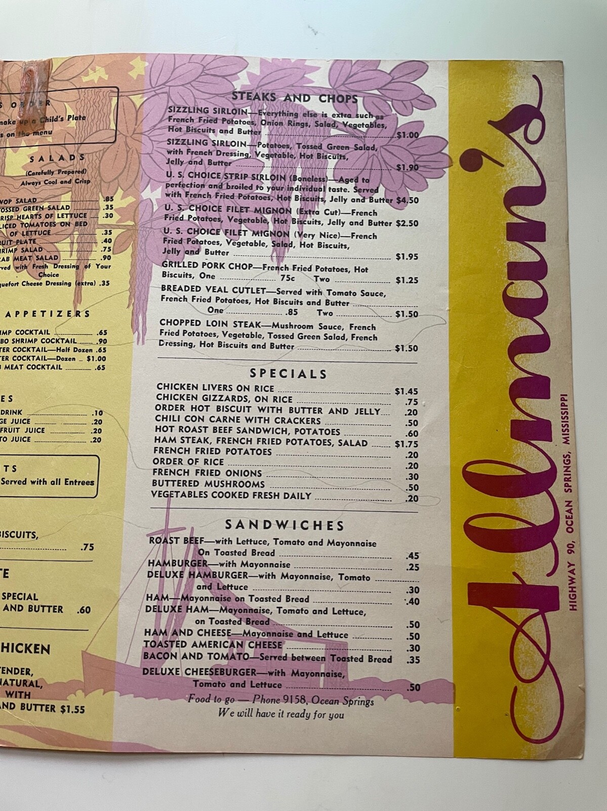 VTG Allman's Sizzlin' Sirloin Restaurant Menu Art Steakhouse Seafood