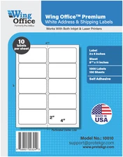 WING OFFICE Premium Shipping Labels Blank Self Adhesive 10 per Sheet 2" X 4"