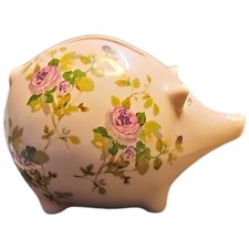 Piggy Bank Ceramic Sweet Long Snout Pink Pig Rhinestone Eyes Flowered Vintage