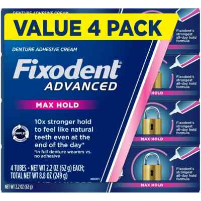 FIXODENT  ADVANCED  MAX HOLD DENTURE ADHESIVE CREAM 4 TUBES 2.2-OZ (62.4g) EA