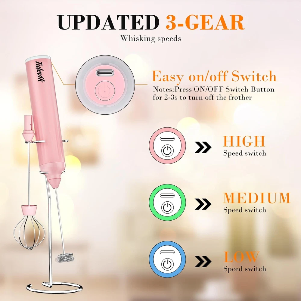 Milk Frother Handheld with Stand Rechargeable 3 Speeds Electric Frother Wand