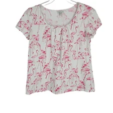 Green Cotton Garnet Hill Small Flamingo Pattern Short Sleeve Pajama Top