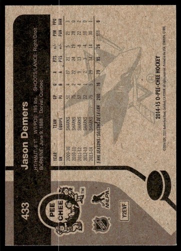 2014-15 O-Pee-Chee RETRO Jason Demers San Jose Sharks #433 R27 - Picture 2 of 2