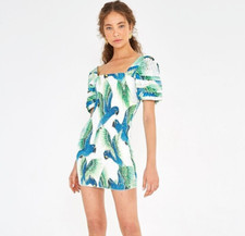 NWT. Farm Rio  Parrot Smocked Mini Dress M white 