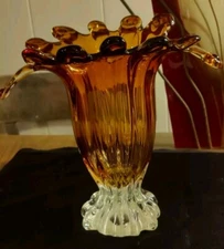 Art Glass Amber Hand Made Large Vase. Crimped Petals. RARE. 10"X10" Mint. 926G