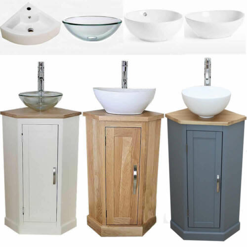 Bathroom Vanity Corner Unit | Oak Sink Cabinet | Ceramic Basin Tap & Plug Option - Afbeelding 1 van 2