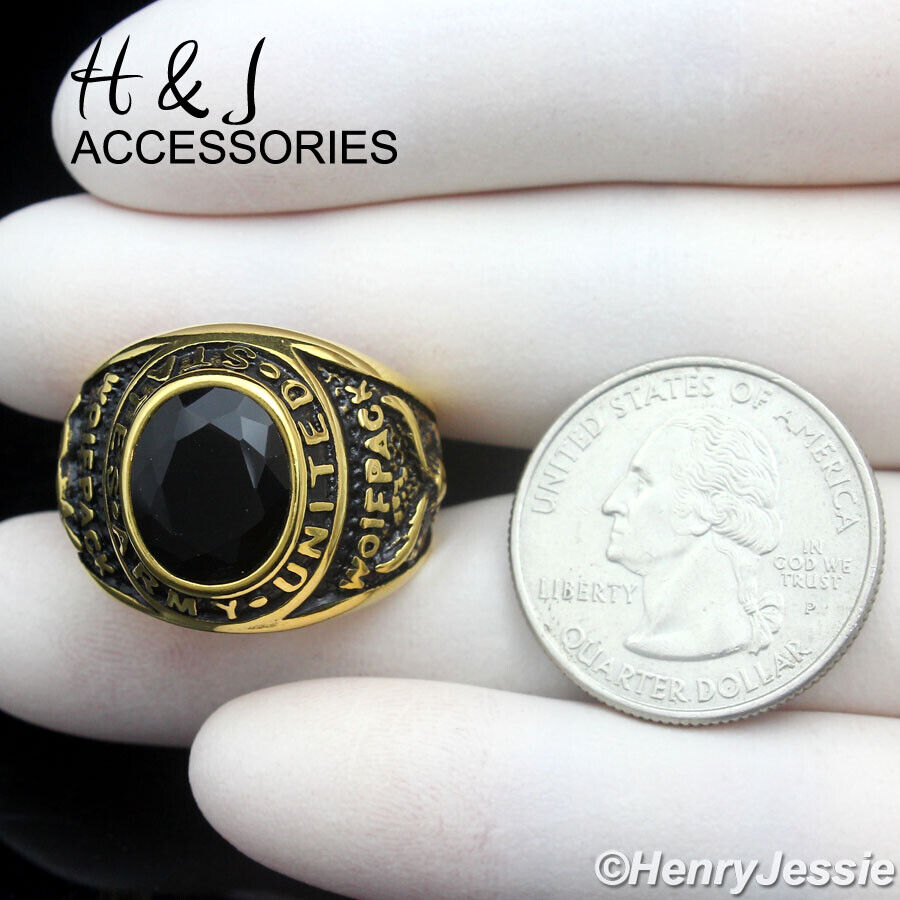 MEN Stainless Steel US Army Military Black Onyx Gold/Black MEN Stainless Steel US Army Military Black Onyx Gold/Black