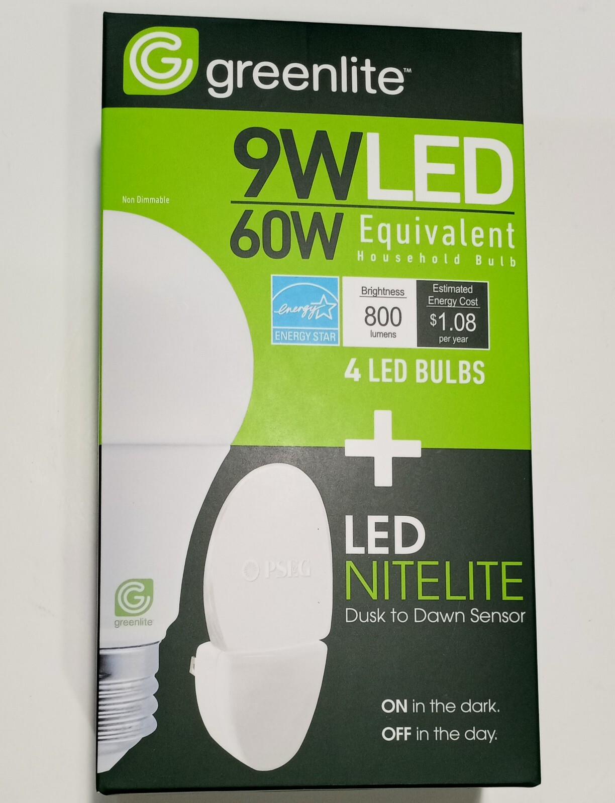 4-9W LED Light Bulbs + LED NITELITE GREENLITE  A19 60W Equivalent 3000K 800Lumen