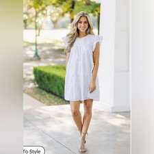 NWOT J.MARIE ZARA EMBROIDERED CREW NECK RUFFLE CAP SLEEVE DRESS BLUE Cornflower