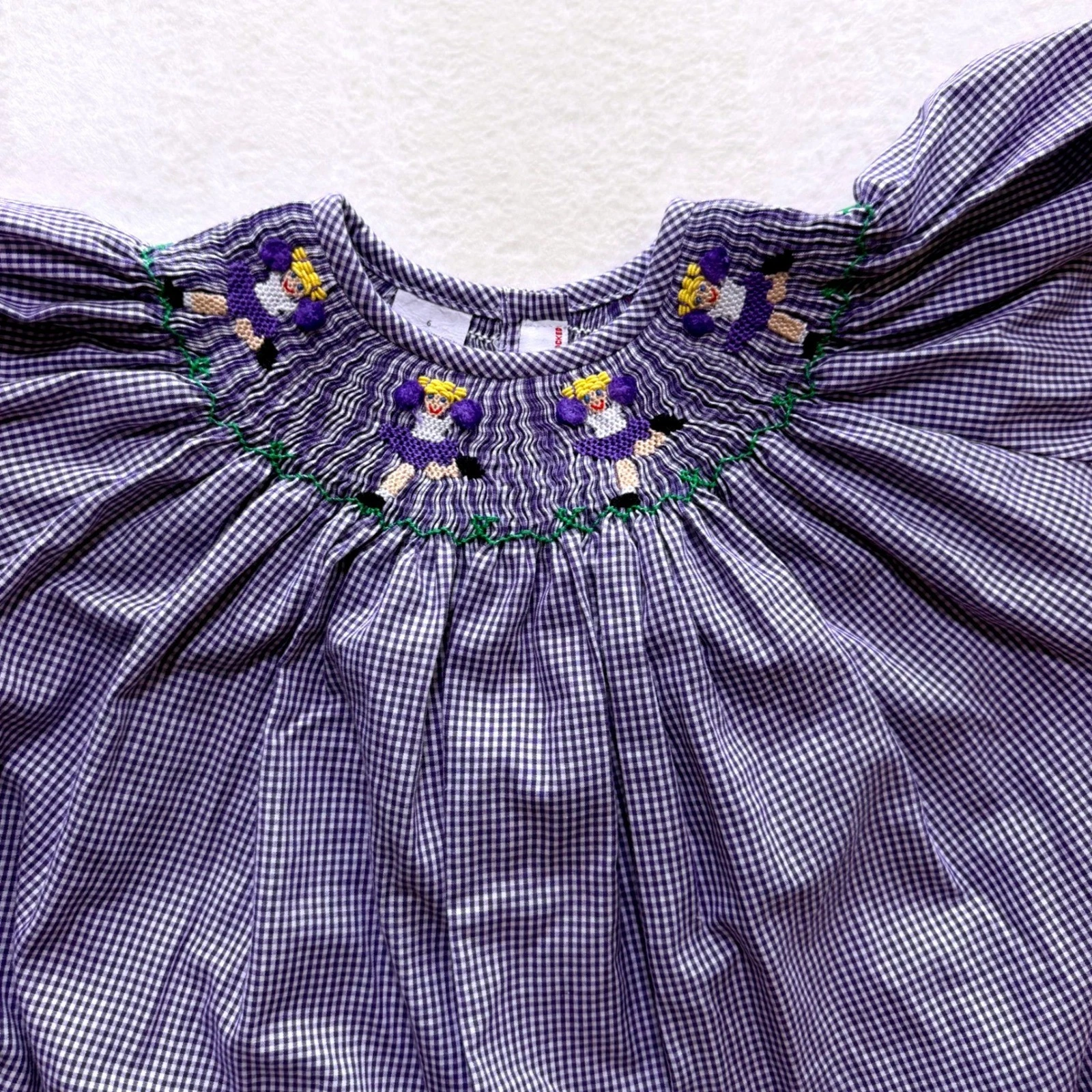 Silly Goose Smocked Dress Kids 6 Purple Gingham Cheerleader Hand Smocked Bishop