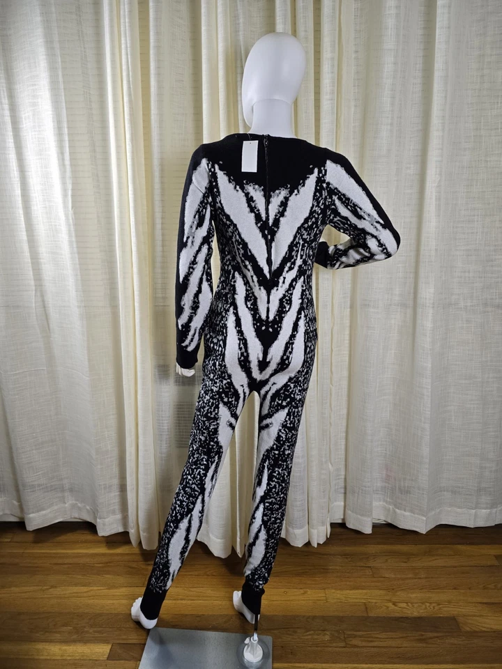 Women's Knit Zebra-Print Long sleeve Jumpsuit Black And Whirte Abstract Sz L - Image 3 of 4