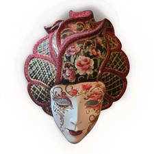 Vtg Ceramic Porcelain Mask Mardi Gras Painted Wall Art Rose Masquerade Signed