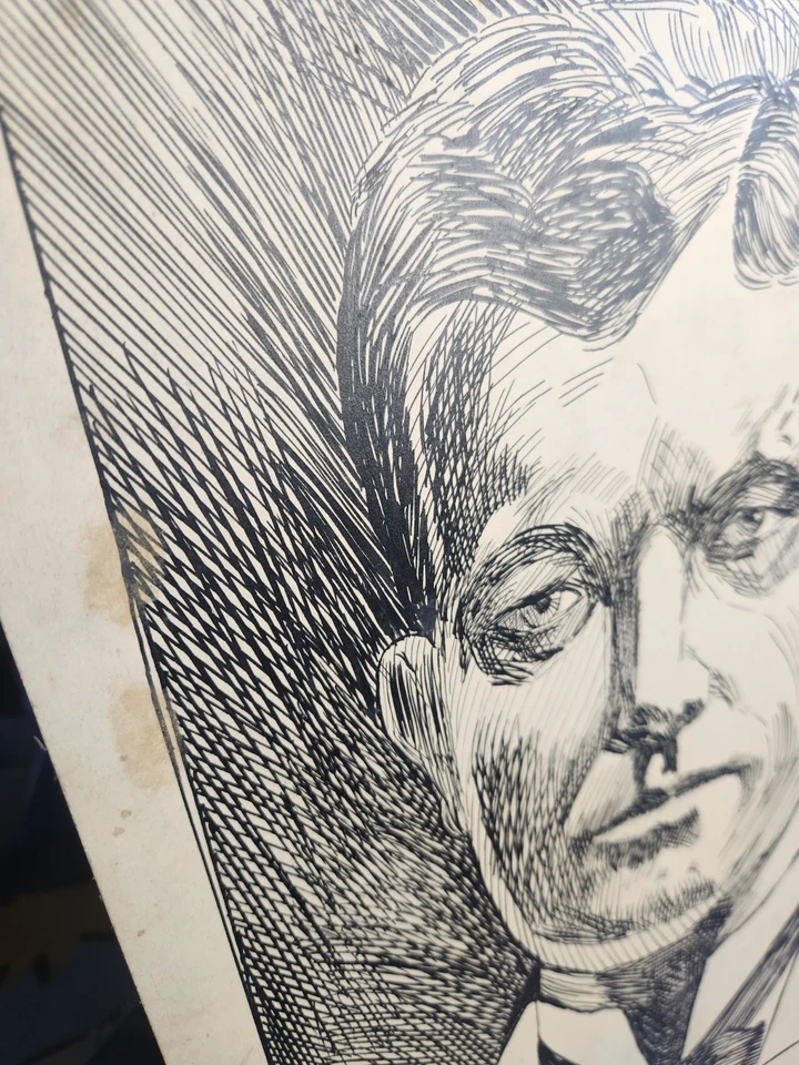 Antiguo dibujo de retrato a pluma y tinta firmado por artista de principios de siglo  Foto 4 de 4