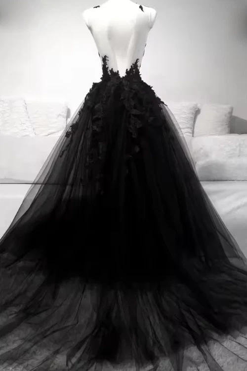 Black V-Neck Tulle Wedding Gown Lace Long Boho Dress A-Line Bridal Gowns - Image 3 of 4