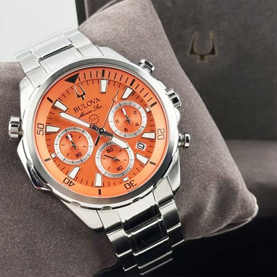 #ad Bulova Men#x27;s Marine Star 96B395 Chronograph Quartz Watch Orange Dial 43MM $156.99