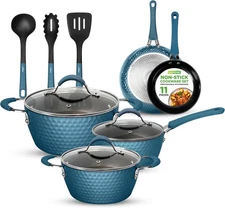 NutriChef 11 Pc Ceramic Cookware Set - Excilon Blue Diamond, Nonstick, Induction