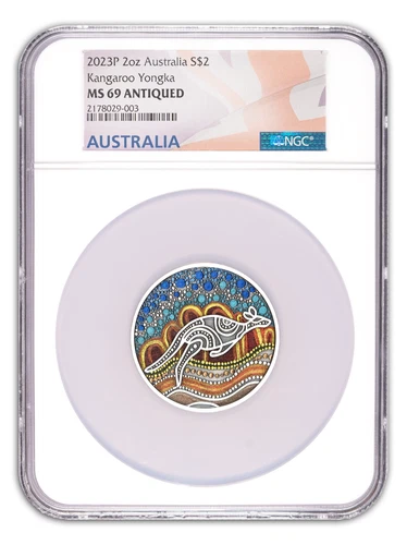 2023 Australia 2 oz Silver Kangaroo Yongka Colorized Coin NGC MS69 Antiqued