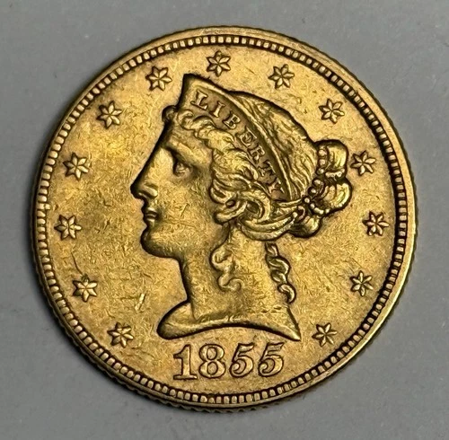 AU+ 1855-P $5 Liberty Head Gold Half Eagle, U.S. Type Coin Almost Uncirculated