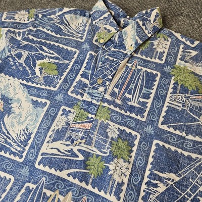 Reyn Spooner Mens Hawaiian Aloha Shirt Size Medium Woody Waves Diner Pullover