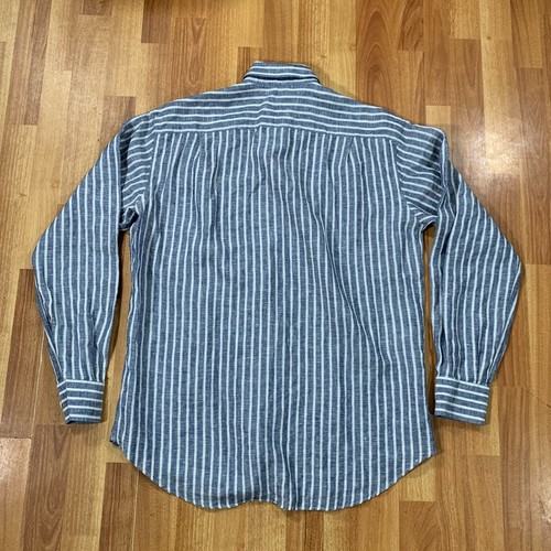 Brioni Shirt Mens Large Blue White Striped Italy Made Long Sleeve 100% Linen - Picture 6 of 8