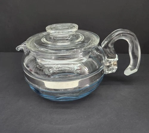 Vintage 60s PYREX Flameware 6 Cup Teapot Coffee Carafe Lid 8446-B Blue Tint MCM
