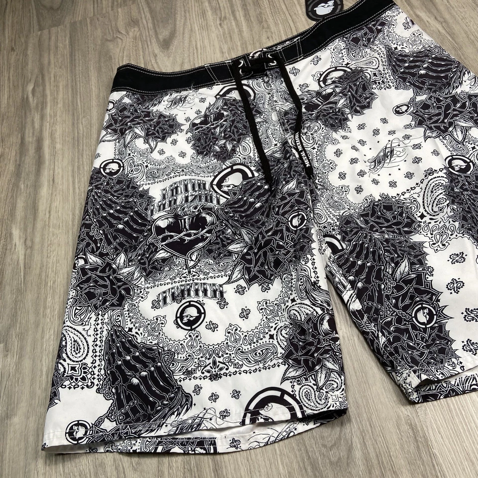 Pantalones Cortos de Metal Mulisha Hombres 36 Bañador Calavera Gráfico Y2K Surf Playa Patín Foto 4 de 4
