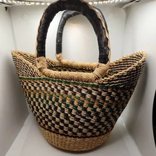 Handwoven Tan and Green orange and black Pattern Basket Bag with Leather Handle