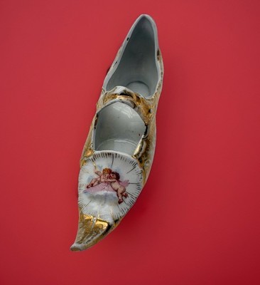 Vintage Ceramic Shoe Rococo Style Gold Gilt Slipper Floral European Cherub