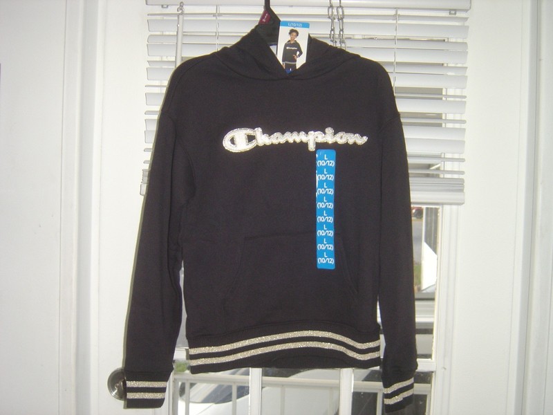 New Champion Girls Size L Sweatshirt Fleece Pullover Hoodie MSRP $34 Black Bling