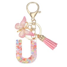 Alphabet Initial Letter Keychain Cute Charm with Tassel Butterfly Letter U Pink