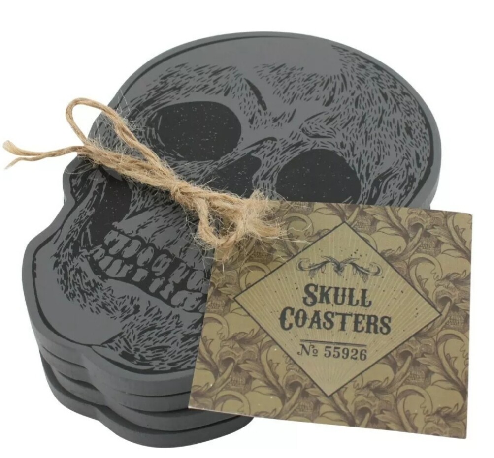 Skull Coasters Set of 4 Slate Grey Coloured  - Intricate Design MDF