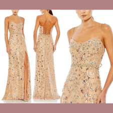 NWT $498 Mac Duggal [ 12 ] Embellished Sleeveless Lace Up Back Gown Nude #G1410
