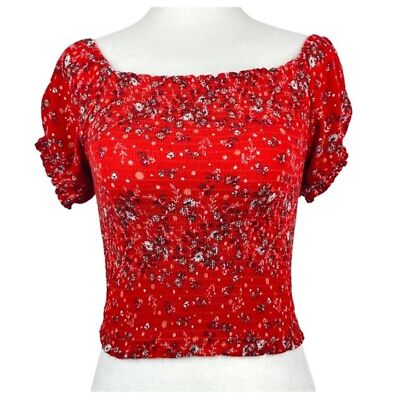 Self Steem Crop Top Womens Extra Small Red Floral Short Sleeve Top